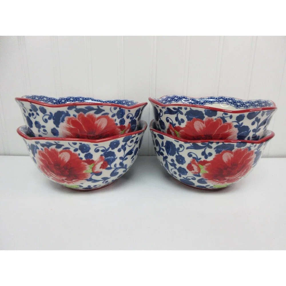 Set of 4 Pioneer Woman Heritage Floral Cereal Bowl Ceramic Red & Blue 6